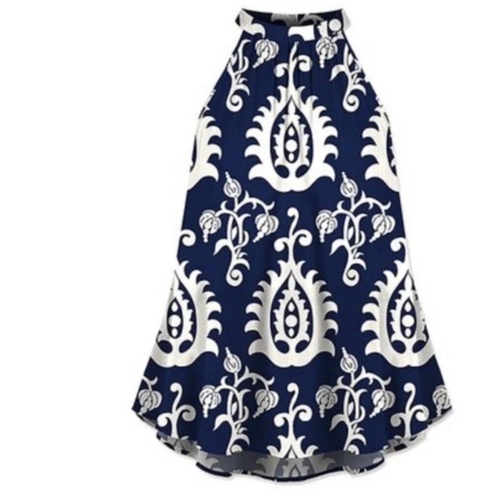 Navy and white damask print halter top size small